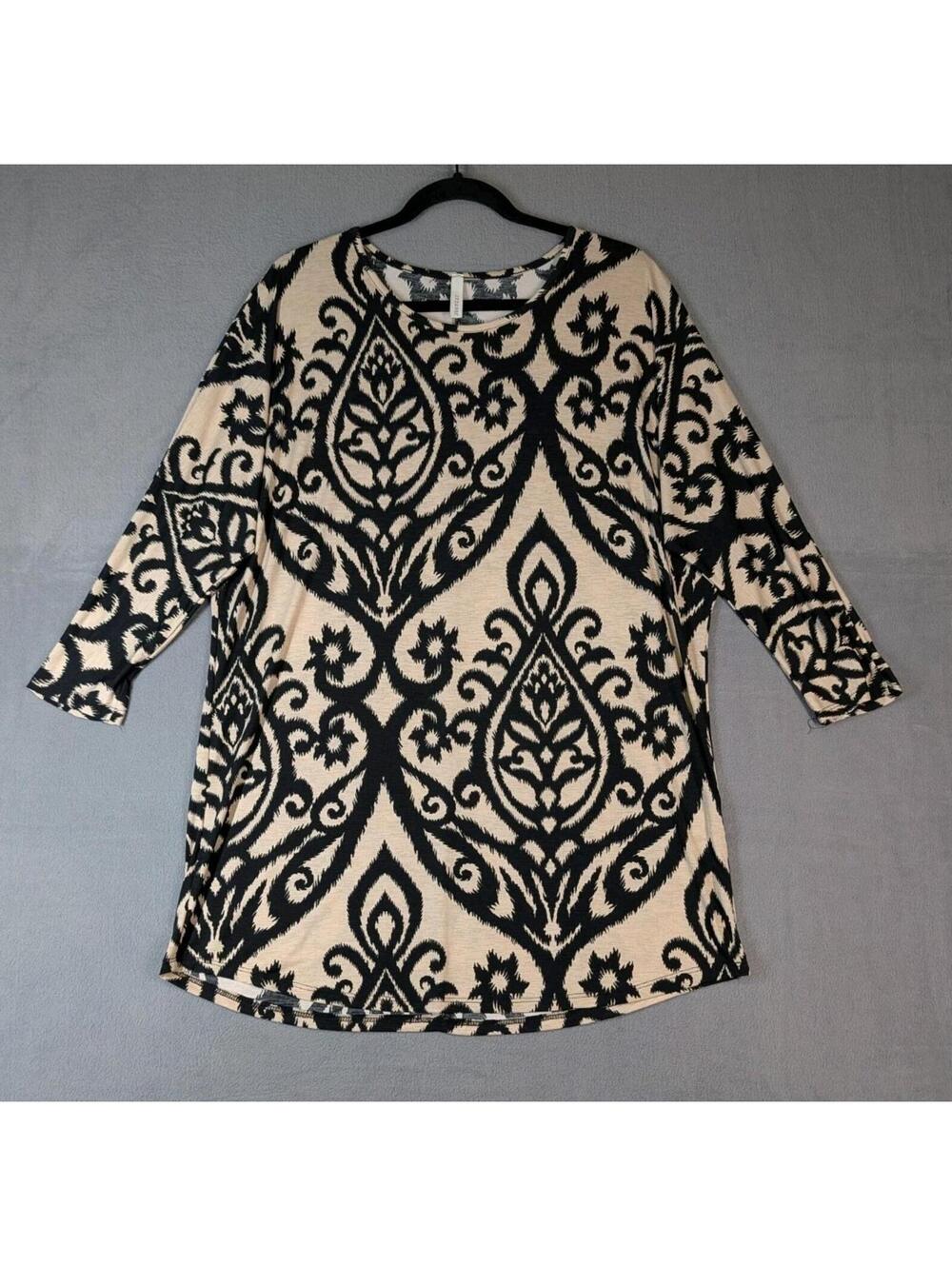 Cezanne Womens Large Black Beige Damask Tunic Top Boho Stretch Blouse Chic